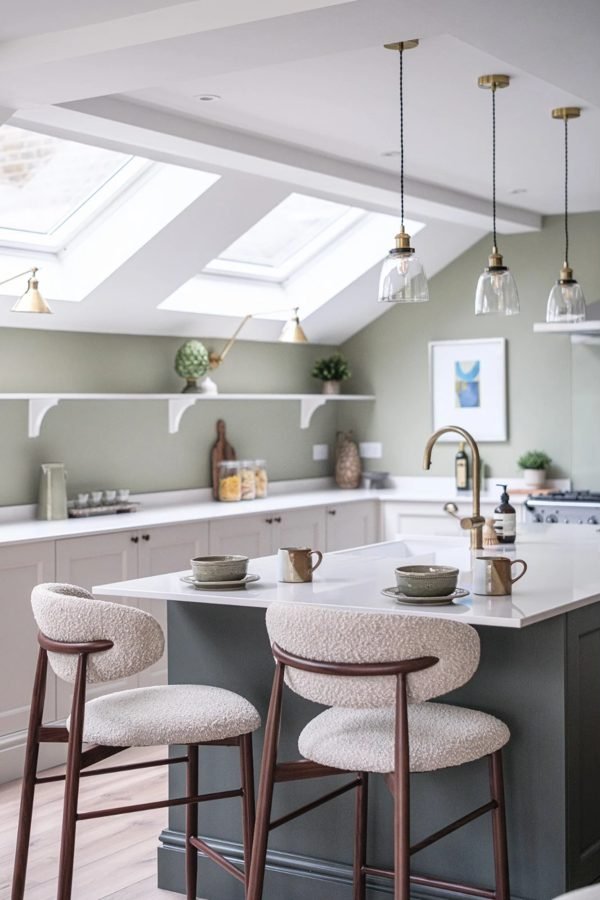 Kitchen with glass pendant lights, brass wall lights and skylights